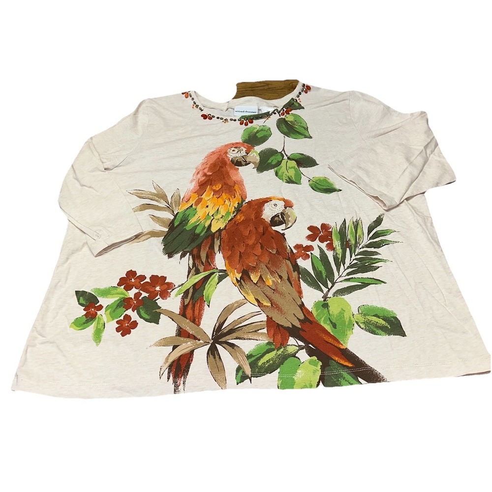 Alfred Dunner Beaded Ivory Parrot Tropical 3/4 Sleeve Cotton Tunic Top Womens XL